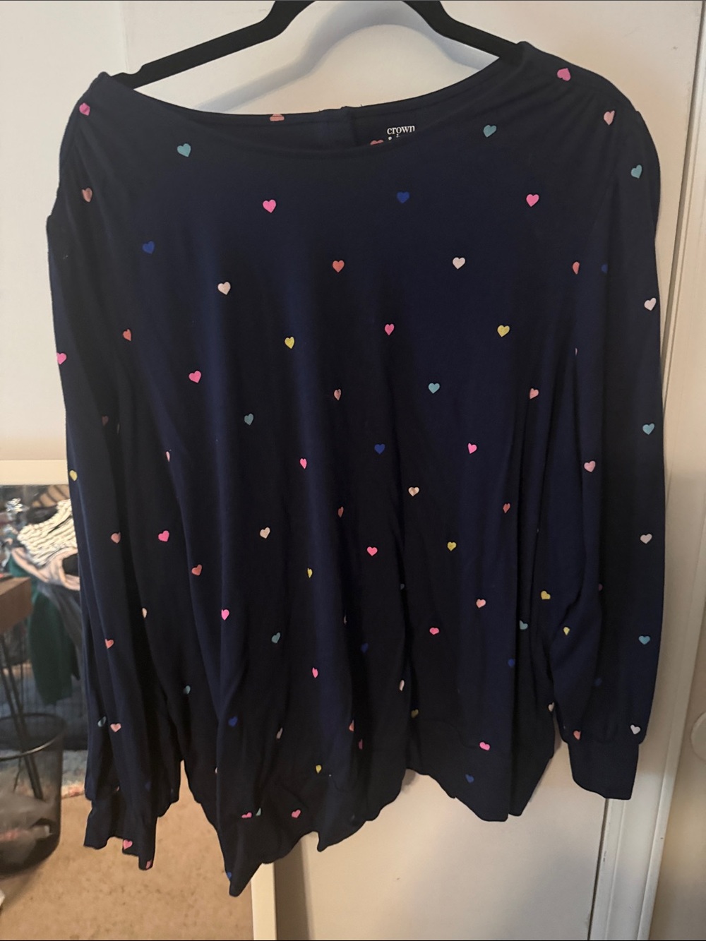 crown & ivy Navy Crewneck Sweater with Multicolor Heart Print